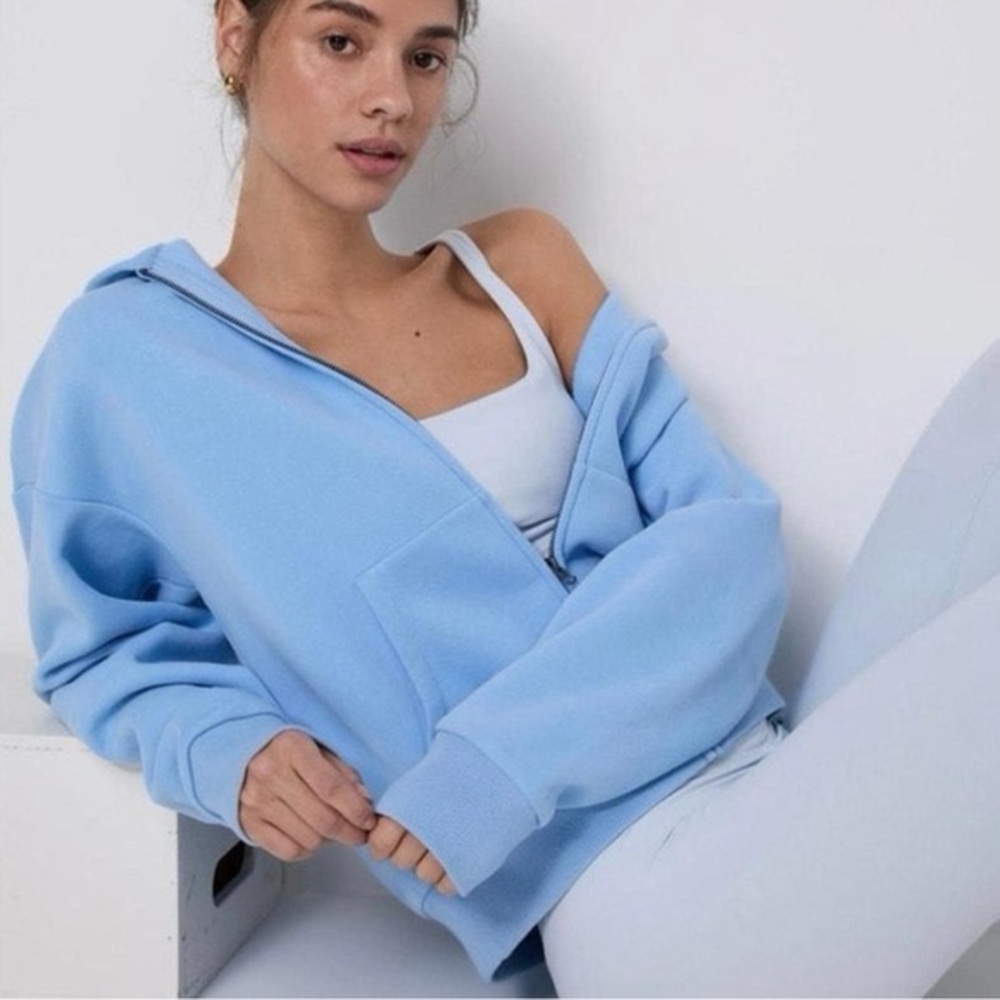 Vuori Restore Full Zip hoodie in the color “spring” blue. - Picture 2 of 8